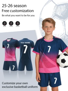 2pcs/Set Navy Blue Allover Print Embroidered Football Uniform For Boys, Customizable Name & Number, Matching Sports Outfit, Short Sleeve Shirt & Shorts Set, Suitable For Boys & Girls Sports, Cycling, Outdoor Running, Football, Celebrity Same Style, Vintage Outfit - Navy Blue - View 2