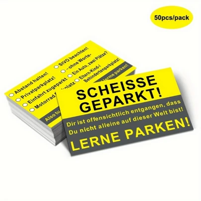 50pcs German Funny Parking Cards, Multiple Styles Available, 3.54x2.13 Inches - Humorous Sarcastic Improper Parking Reminder, Writable Car & Motorcycle Prank Warning Notes