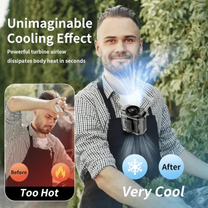 三合一便携式无叶风扇，支持USB充电，可佩戴于颈部和腰部，适用于户外运动、露营、建筑工地、居家和办公场所。产品包含挂绳和腰夹，集制冷和移动电源功能于一体，电池容量3600mAh，功率5W。