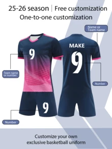 2pcs/Set Navy Blue Allover Print Embroidered Football Uniform For Boys, Customizable Name & Number, Matching Sports Outfit, Short Sleeve Shirt & Shorts Set, Suitable For Boys & Girls Sports, Cycling, Outdoor Running, Football, Celebrity Same Style, Vintage Outfit - Navy Blue - View 4