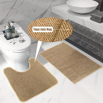 1pc/2pcs Brown Faux Jute Rug, U-Shaped And Rectangular Design, Single/Set Available, Washable, Bathroom Home Decor, Toilet Edge Mat, Living Room Entrance Etc. Home Decor Mat, Square Pineapple Round, Minimalist Indoor Rug, Easy To Clean For Bedroom Bedside, Living Room Entrance Etc.