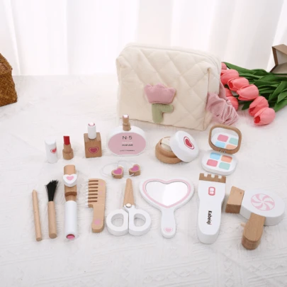Wooden Simulation Makeup Toy Set, Girls Pretend Play Hairstyling & Cosmetics Playset, Kindergarten Toys