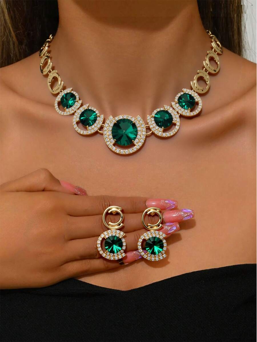Bộ trang sức 3 món phong cách cung đình cổ điển, chất liệu hợp kim, đính đá và pha lê xanh, gồm dây chuyền và bông tai, thích hợp cho đám cưới, đeo hàng ngày, dự tiệc, làm quà tặng cho mẹ. - màu xanh lá - Xem 1