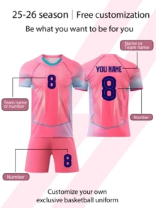 2pcs/Set Personalized Pink Allover Print Football Uniform For Boys, 25-26 Years, Customized Name & Number/Club Logo, Sports Player Style Short Sleeve Shirt & Shorts Set, Suitable For Boys & Girls Sports, Cycling, Outdoor Running, Soccer, Celebrity Same Style, Y2K Style - Pink - View 3