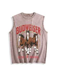 Sleeveless Printed Oversized T-Shirt, Y2K Style Street Fashion Men's Washed Vest (220g Pure Cotton), Vintage Pattern Fun Print, Hip-Hop Style - Coffee Brown - View 1