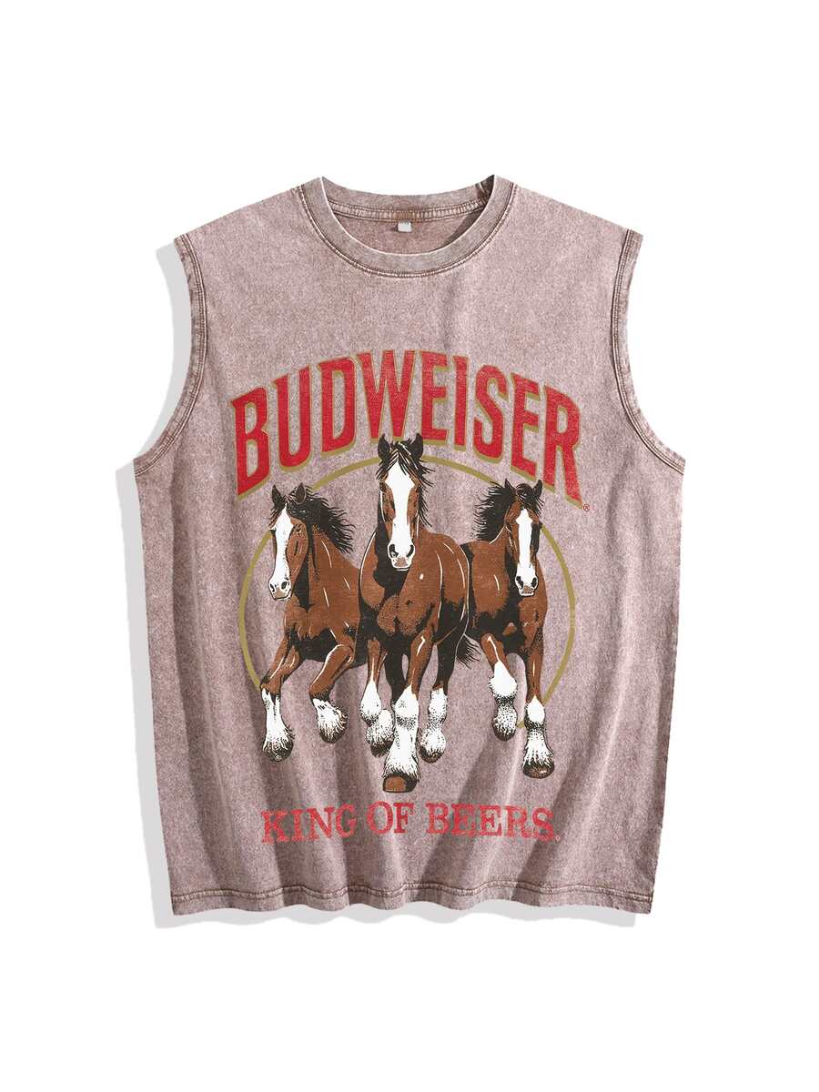 Sleeveless Printed Oversized T-Shirt, Y2K Style Street Fashion Men's Washed Vest (220g Pure Cotton), Vintage Pattern Fun Print, Hip-Hop Style - Coffee Brown - View 1