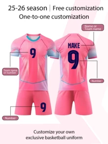 2pcs/Set Personalized Pink Allover Print Football Uniform For Boys, 25-26 Years, Customized Name & Number/Club Logo, Sports Player Style Short Sleeve Shirt & Shorts Set, Suitable For Boys & Girls Sports, Cycling, Outdoor Running, Soccer, Celebrity Same Style, Y2K Style - Pink - View 5