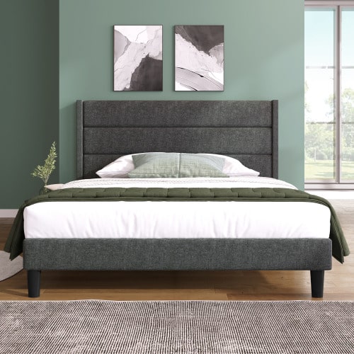 Softback Bed 140 X 200 Cm, Bed Frame With Slatted Base And Headboard, Double Softback Bed, Dark Grey Linen Fabric, Classic And Modern Design, Junior Bed - Grey - View 1