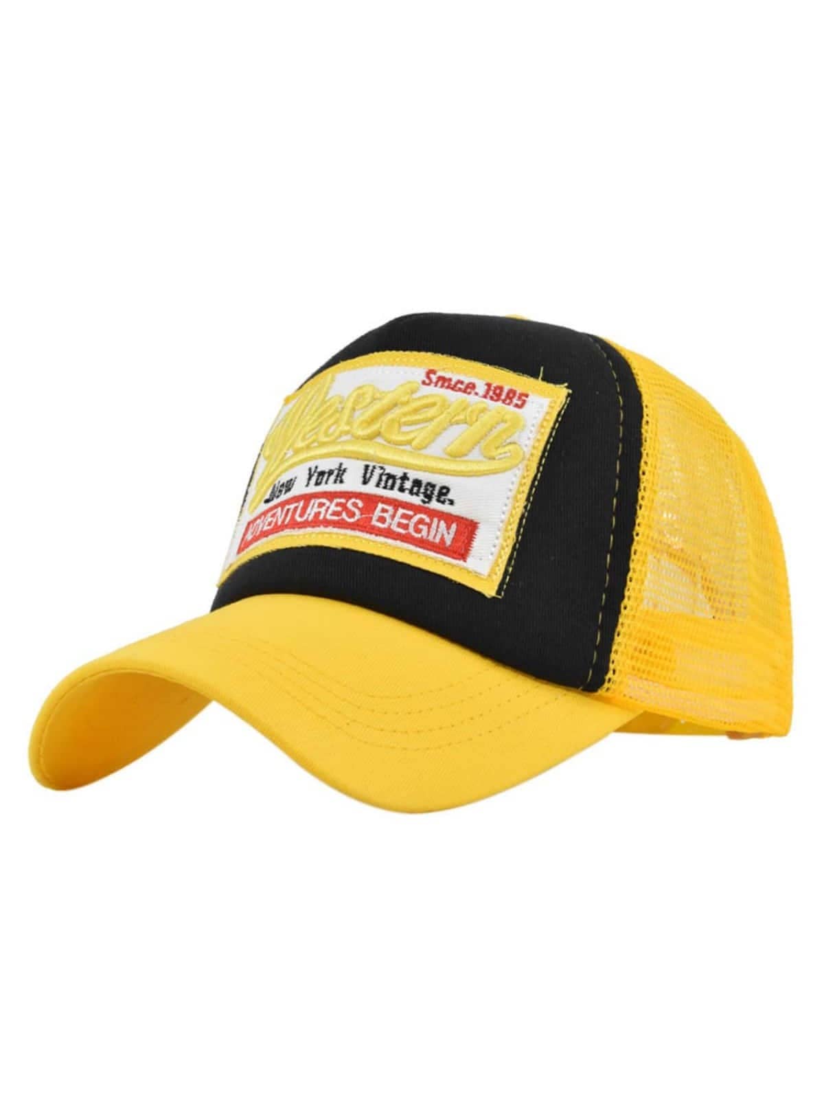 1pc Women's Embroidered Baseball Cap, Patchwork Embroidery Baseball Cap, Mesh Baseball Cap, Mesh Cap, Unisex Trucker Hat, Suitable For Outdoor And Daily Use - Yellow - View 1