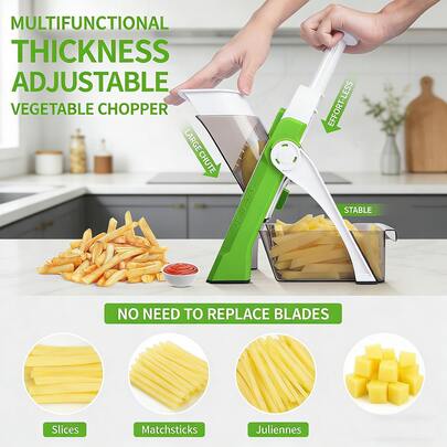 Upgraded Safety Mandoline Slicer Plus, Larger Size, Offers 5 Cutting Modes: Julienne, Matchstick, Slice, And Dice Without Blade Changes. Adjustable Vegetable Chopper And Potato Wedge Cutter. Hand Safety, Time-Saving Versatility, No Safety Gloves Required. Removable Blades, Foldable For Space-Saving Storage, Dishwasher-. Kitchen Chopping Essential, Gift. (Available In Multiple Colors)