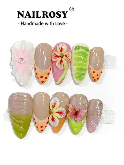 nailrosy 10 piezas de pegatinas de arte de uñas hechas a mano con forma de almendra y talladas en 3D, serie de boda, regalo de cumpleaños, serie transparente blanca y rosa, uso diario, envío directo desde EE. UU., calidad de lujo, diseño 2026, adecuado para todos los tonos de piel, grado profesional, elegante y atemporal