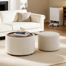 Ball & Cast Combined Dual-Purpose Storage Stools, With Linen Cover And Wooden Shelf For The Foot Stool, 58cm Round Coffee Table And Bench, Beige Colour. - Light Brown - View 8