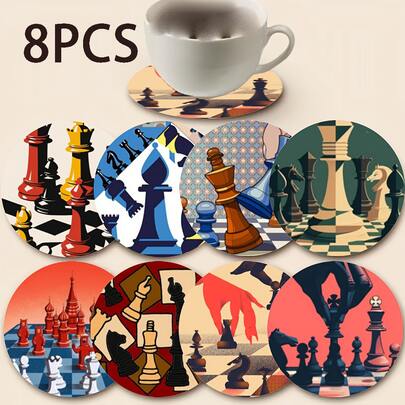8 piezas Posavasos de madera con diseño de ajedrez 2D, adecuados para el patio, la cocina, la sala de estar, decoración de mesa para reuniones familiares, regalo para amigos y familiares en días festivos, adecuado para el Día de San Valentín, bodas, fiestas de cumpleaños, accesorios de decoración del hogar