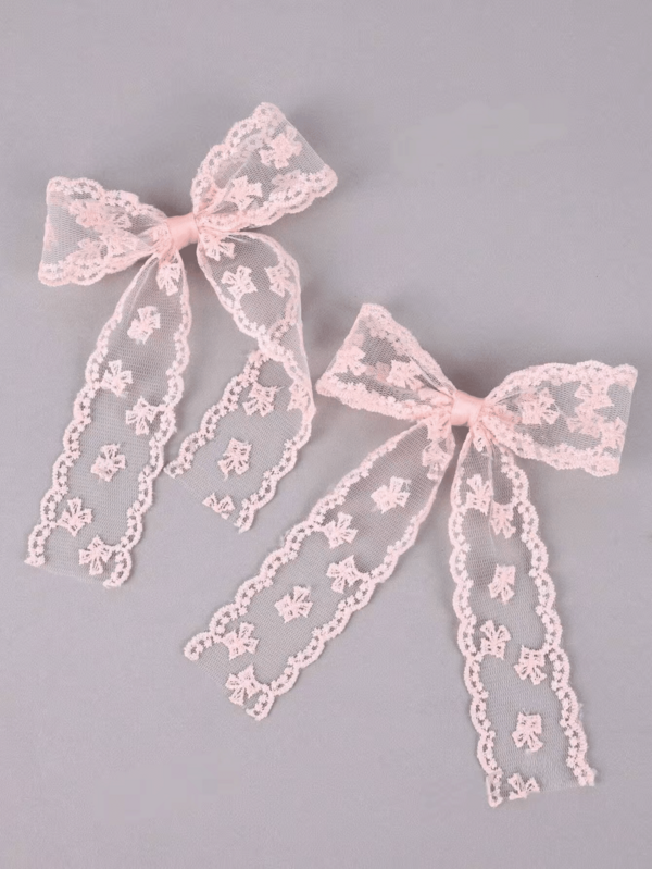 2 Pcs Pink Lace Hair Bows For Girls Women, Large Floral Lace Hair Clips With Long Tails, Aesthetic Hair Barrettes, Sweet Romantic Sheer Lace Ribbon Hair Accessories For Weddings, Parties, Daily Wear Dating Daily Wear Summer