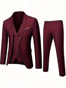 Men's Slim-Fit Black 3-Piece Suit - Elegant Black And White Wedding And Formal Wear, Long Sleeves, Button Closure, Non-Stretch Fabric, Suitable For Office Meetings And Elegant Events All Year Round, Wedding Attire, Slim-Fit Suit - 酒紅色 - 查看 2