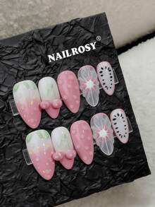 粉色3D酒红色花朵美甲贴/10片装 手工按压式美甲贴 杏仁形美甲贴 优雅美甲贴 3D凝胶美甲贴 Aura Nails 3D花朵美甲贴 春夏可重复使用假指甲贴 奢华美甲 适合节日、假期、生日 - 粉色 - 查看 2