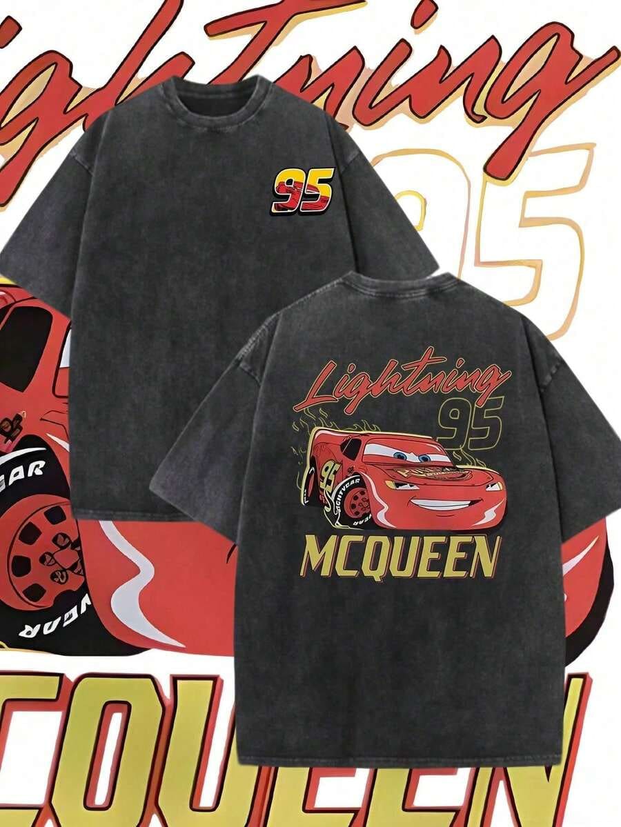 Disney Cars No. 95 Pattern, 100_ Pure Cotton Washed Vintage Round Neck Sweatshirt, Comfortable Round Neck T-Shirt, Suitable For Travel And Vacation, Unisex. - 黑色 - 查看 1