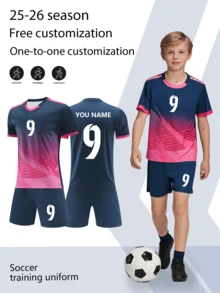 2pcs/Set Navy Blue Allover Print Embroidered Football Uniform For Boys, Customizable Name & Number, Matching Sports Outfit, Short Sleeve Shirt & Shorts Set, Suitable For Boys & Girls Sports, Cycling, Outdoor Running, Football, Celebrity Same Style, Vintage Outfit - Navy Blue - View 3