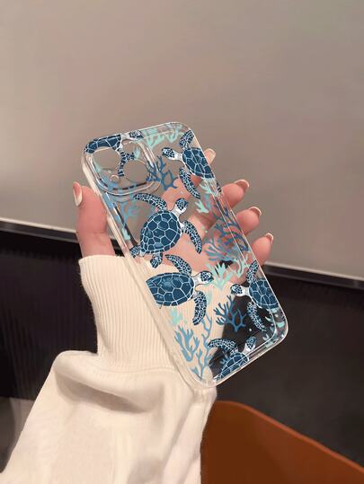 1pc Soothing Blue & White Allover Print Turtle & Coral Pattern Transparent Anti-Drop Soft Phone Case, Suitable For IPhone 17/17Pro/17ProMax/17Air/16/16Plus/16Pro/16ProMax