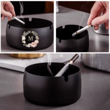 Portable Stainless Steel Ashtray Anti-Scalding Cigarette Holder Desktop Round Ashtray Rose Gold Initial Letter Pattern Windproof Ash Tray For Smoking Office Home Decoration Ash Tray Holder - Black - View 6