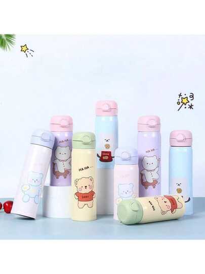 1个多色350毫升/480毫升卡通熊弹跳杯，304不锈钢真空保温水瓶，便携式吸管杯，附赠1个清洁刷，适合儿童和学生使用