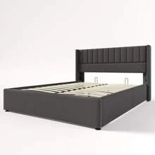 Storage Bed, Upholstered Bed, Hydraulic Double Bed 140x200cm, Wooden Slatted Base, Metal Slatted Base, Bed Linen, Grey (Mattress Included) - Grey - View 8