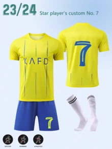 Boys & Girls Football Jersey, Riyadh Victory Team #7, Polyester Crew Neck Top And Shorts Set, Suitable For Boys Sports Training And Casual Wear, Perfect For Outdoor - Yellow - View 2