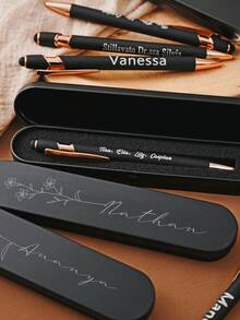 Customized Text Touch Ballpoint Pen Box Set, Rectangular Tin Pencil Case, Stationery Box With Connected Flip Cover - Black - View 6