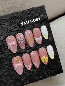 粉色3D酒红色花朵美甲贴/10片装 手工按压式美甲贴 杏仁形美甲贴 优雅美甲贴 3D凝胶美甲贴 Aura Nails 3D花朵美甲贴 春夏可重复使用假指甲贴 奢华美甲 适合节日、假期、生日 - 粉色 - 查看 2