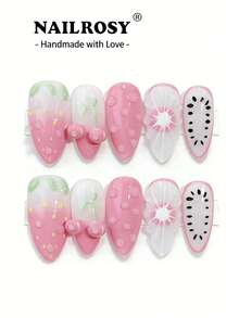 粉色3D酒红色花朵美甲贴/10片装 手工按压式美甲贴 杏仁形美甲贴 优雅美甲贴 3D凝胶美甲贴 Aura Nails 3D花朵美甲贴 春夏可重复使用假指甲贴 奢华美甲 适合节日、假期、生日 - 粉色 - 查看 1