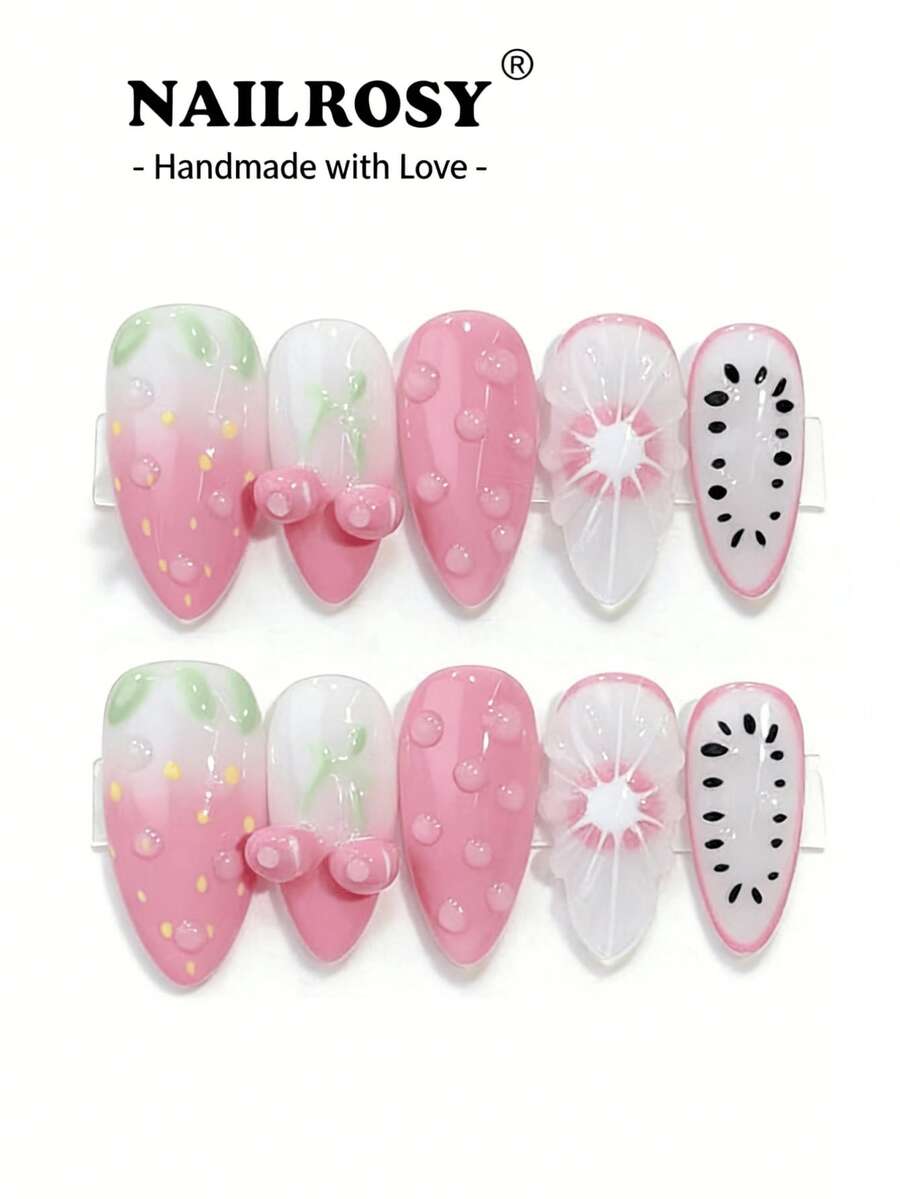 粉色3D酒红色花朵美甲贴/10片装 手工按压式美甲贴 杏仁形美甲贴 优雅美甲贴 3D凝胶美甲贴 Aura Nails 3D花朵美甲贴 春夏可重复使用假指甲贴 奢华美甲 适合节日、假期、生日 - 粉色 - 查看 1