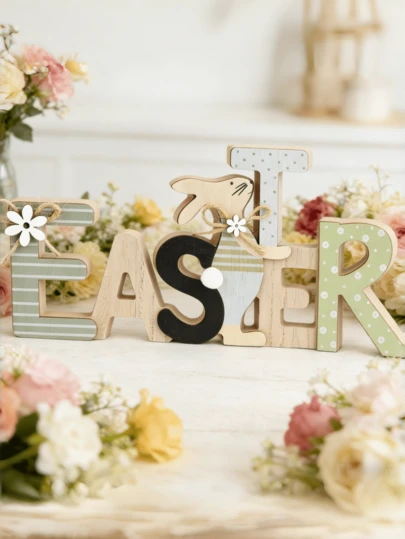 1个木制兔子摆件，桌面装饰品，复活节庆祝活动中心摆件，适用于厨房、家居架子、办公室装饰，木制兔子桌面摆件，复活节木制兔子装饰品，创意木制工艺品家居装饰品