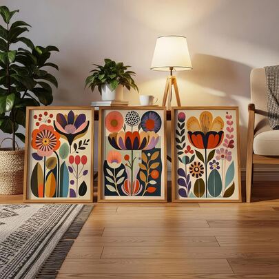 Set Of 3 Unframed Scandinavian Art Norwegian Folk Art Floral Print, Nordic Wall Art, Scandi Folk Poster Boho Wall Decor Living Room Prints, Wall Decor For Living Room, Bedroom, Dining Room, Corridor, Home And Dormitory Decoration
