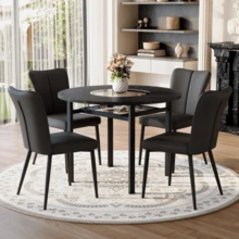 Modern Minimalist Round Table Set (With 4 Black Polyurethane Chairs And Black Metal Legs), 100cm Diameter Round Table With Black Wood Look, Suitable For The Living Room, Etc. - Black - View 9