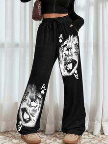 Plus Size Women Personalized Playing Card Pattern Wide Leg Loose Casual Pants Spring Black - Black - View 1