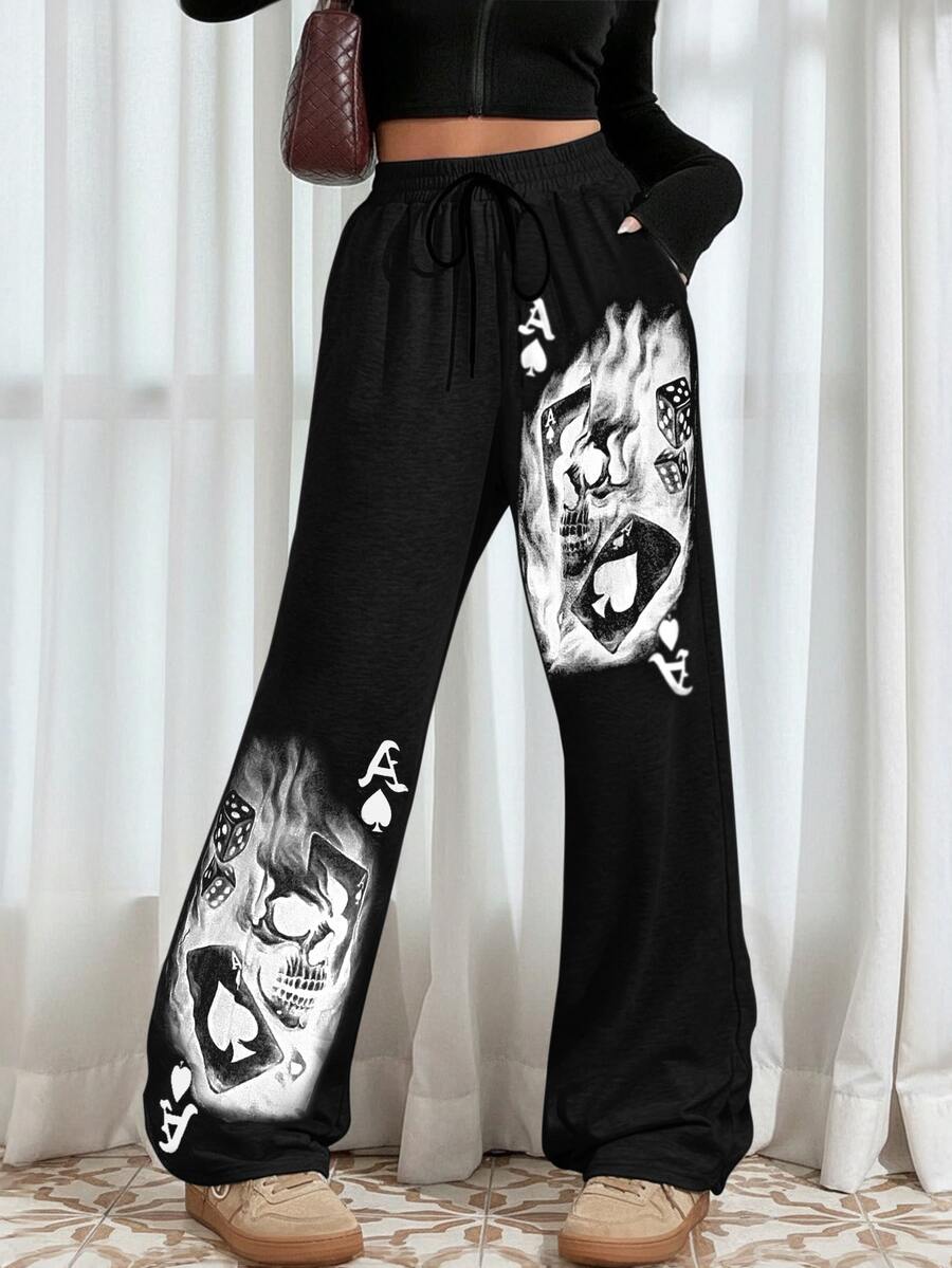 Plus Size Women Personalized Playing Card Pattern Wide Leg Loose Casual Pants Spring Black - Black - View 1