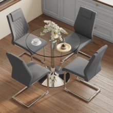 Dining Table And Chairs Set: Modern And Minimalist Glass Dining Table With A Diameter Of 85 Cm, Paired With 4 Dining Chairs With Silver Metal Legs And Dark Grey PU Seats. - Grey - View 9