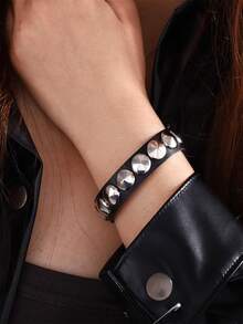 朋克摇滚铆钉手镯套装，尖刺铆钉手镯，80年代Emo哥特风饰品配饰腕带，可调节 - 黑色 - 查看 10