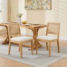 Farmhouse Style Rattan Dining Chair Set Of Two, Modern Medieval Kitchen Dining Chair, Upholstered Rattan Kitchen Chair, Natural Hardwood Frame, Beige, DE1883BG - Light Brown - View 1