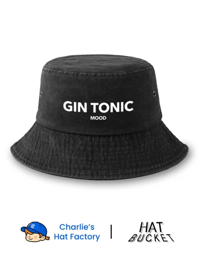1 Pc Unisex Vintage Washed Bucket Hat - Minimalist "GIN TONIC MOOD" Graphic Print - Available In Multiple Retro Colors - Soft Texture Packable Sun Cap For Summer Party, Vacation & Casual Gift