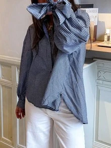 大码女装新款时尚优雅度假风领结长袖格子休闲衬衫，简约百搭，适合通勤、日常穿着、下午茶聚会等各种场合，四季皆宜。 - 深藍色 - 查看 3