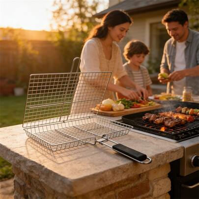 Grill Basket Portable Folding BBQ Camping Grilling Rack For Fish Vegetables Shrimp, Heavy Duty Stainless Steel Barbecue Griller Cooking Accessories, Outdoor Kitchen Gadgets For Men Women Dad Birthday Christmas Gifts