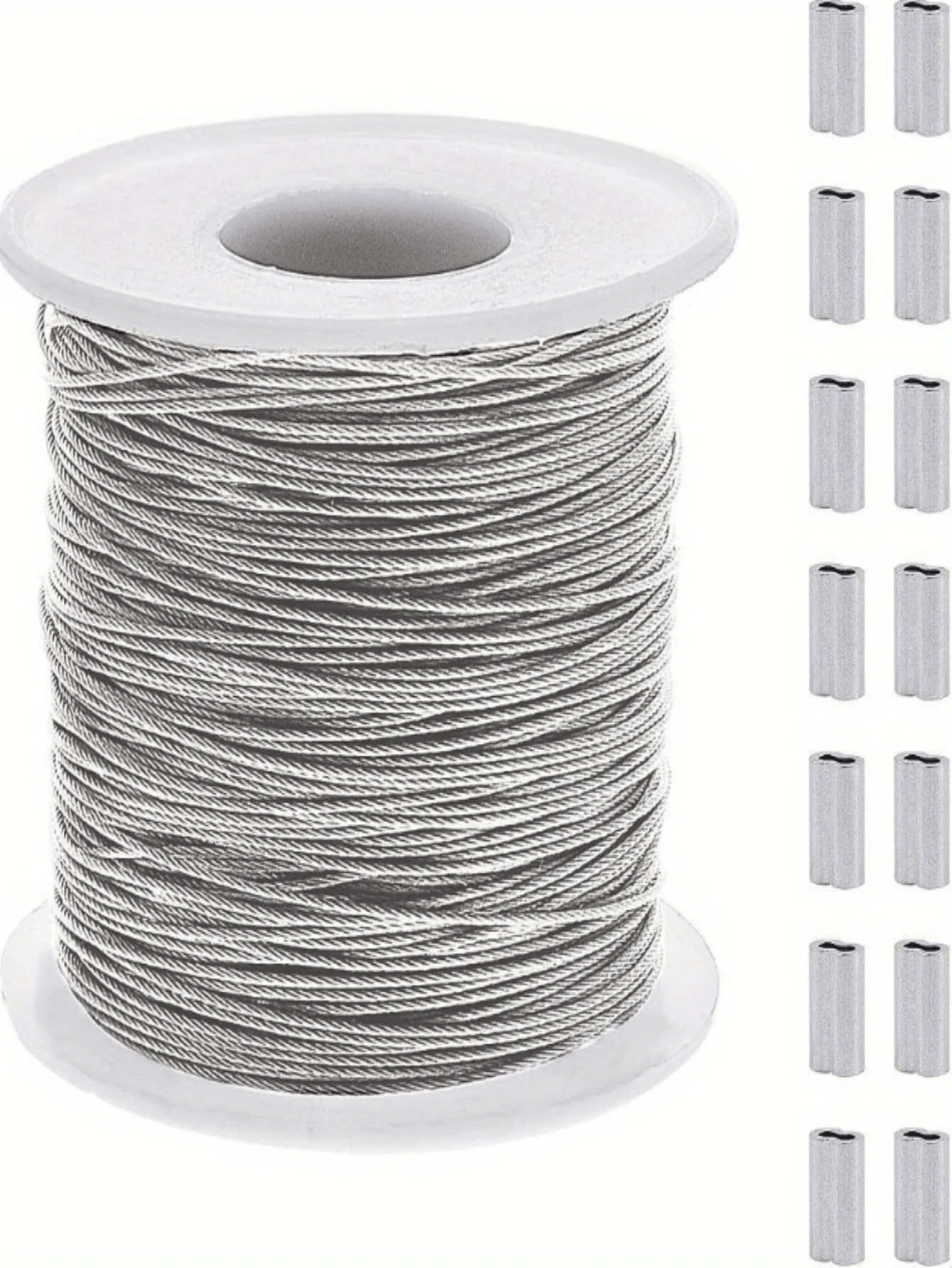 1 Set 304 Stainless Steel Wire Rope, 393 Ft Long 1/32" Wire Rope With 20 Pcs Rectangular Aluminum Sleeves, Suitable For String Lights, Clothesline - Silver - View 1