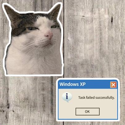 Displeased Cat Sticker, Cynical & Funny Cat Expression Sticker, Personalized Sticker For Water Bottle, Luggage, Vintage XP System Error Sticker, "Task Failed Successfully" Funny Sticker, Programmer Gag Decoration, Waterproof Vinyl Sticker - Durable Matte Surface, Self-Adhesive Bumper Sticker, Suitable For Car, Window, Laptop, Truck, Van, Water Bottle - Multipurpose Durable Design, Car Sticker