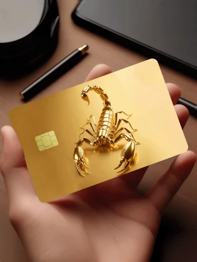 1张金色蝎子造型信用卡贴纸，沙漠风格装饰，奢华金色PVC材质，防指纹，经久耐用，防刮耐磨，男女情侣适用，可用于DIY小型芯片卡、银行卡、信用卡、交通卡、学生校园卡等。