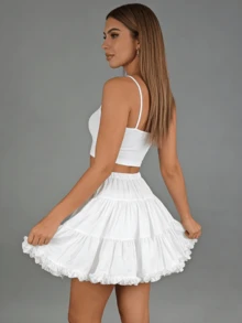 女士白色荷叶边衬裙 - 双层面料，松紧腰A字喇叭裙，适合洛丽塔、婚礼和角色扮演服装 - 白色 - 查看 5