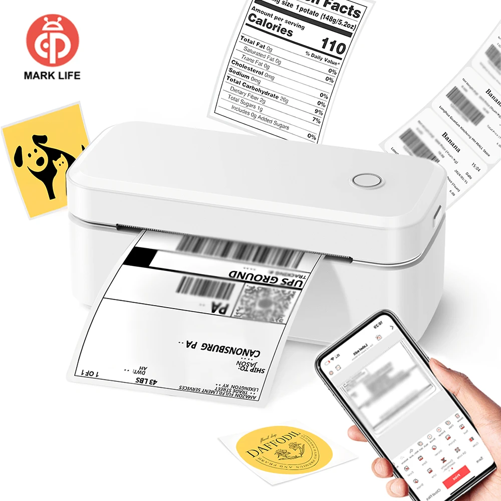 Impresora de etiquetas térmicas Marklife X4, Impresora de etiquetas pequeña autoadhesiva Bluetooth multiusos para envíos, Con 20 hojas de papel de 4x6 pulgadas, Compatible con iOS&Android, Adecuada para códigos de barras, envíos, utilizada en oficina, cocina, escuela, hogar - Ver 1