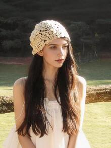 1件装女士复古镂空透气手工钩编花卉装饰多功能轻便头巾帽，适合户外和日常佩戴 - 草莓 - 查看 3