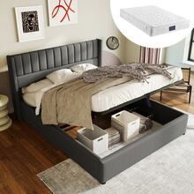 Storage Bed, Upholstered Bed, Hydraulic Double Bed 140x200cm, Wooden Slatted Base, Metal Slatted Base, Bed Linen, Grey (Mattress Included) - Grey - View 1