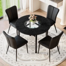Modern Minimalist Round Table Set (With 4 Black Polyurethane Chairs And Black Metal Legs), 100cm Diameter Round Table With Black Wood Look, Suitable For The Living Room, Etc. - Black - View 2